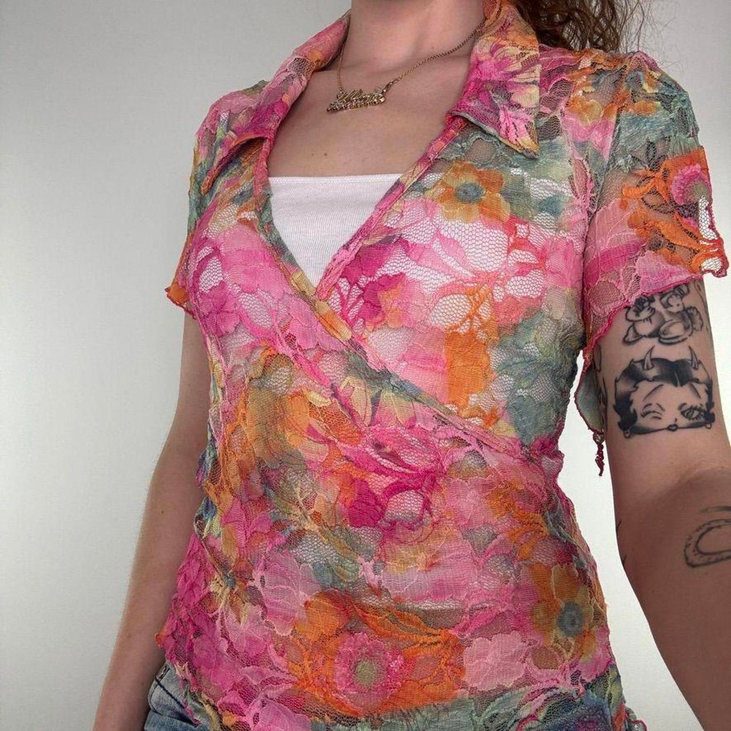 Y2K vintage floral lace top asymmetric frill short sleeve pink multi v neck mesh