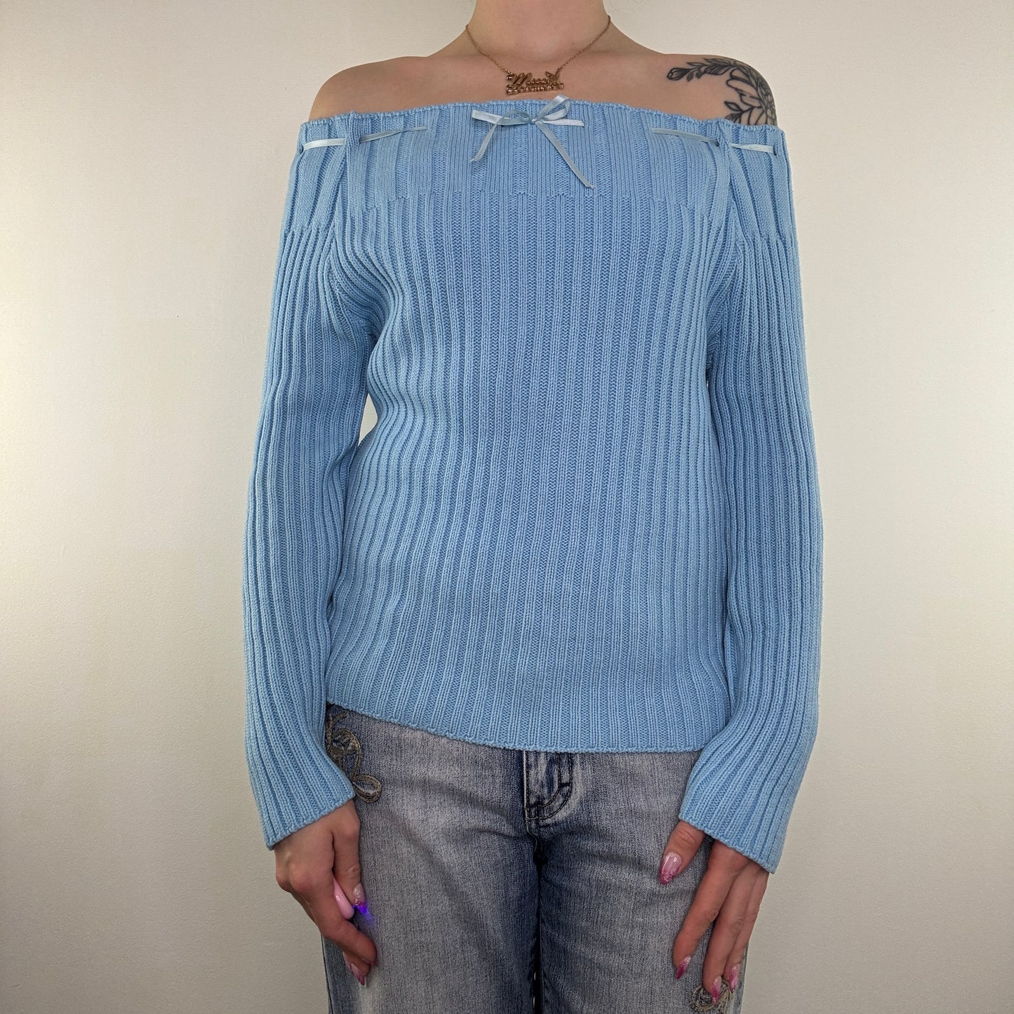 Y2K vintage knit jumper bow off the shoulder chunky slouchy ribbon long sleeve