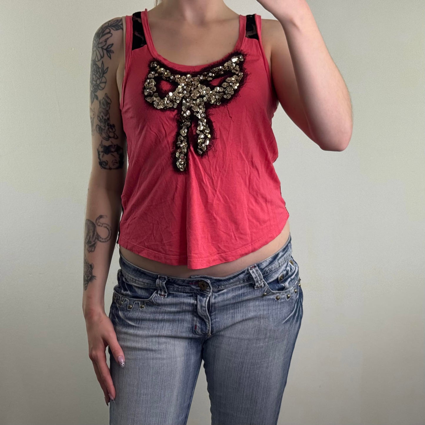 Y2K vintage bow sequin lace sheer back tank top fraying round neck slouchy