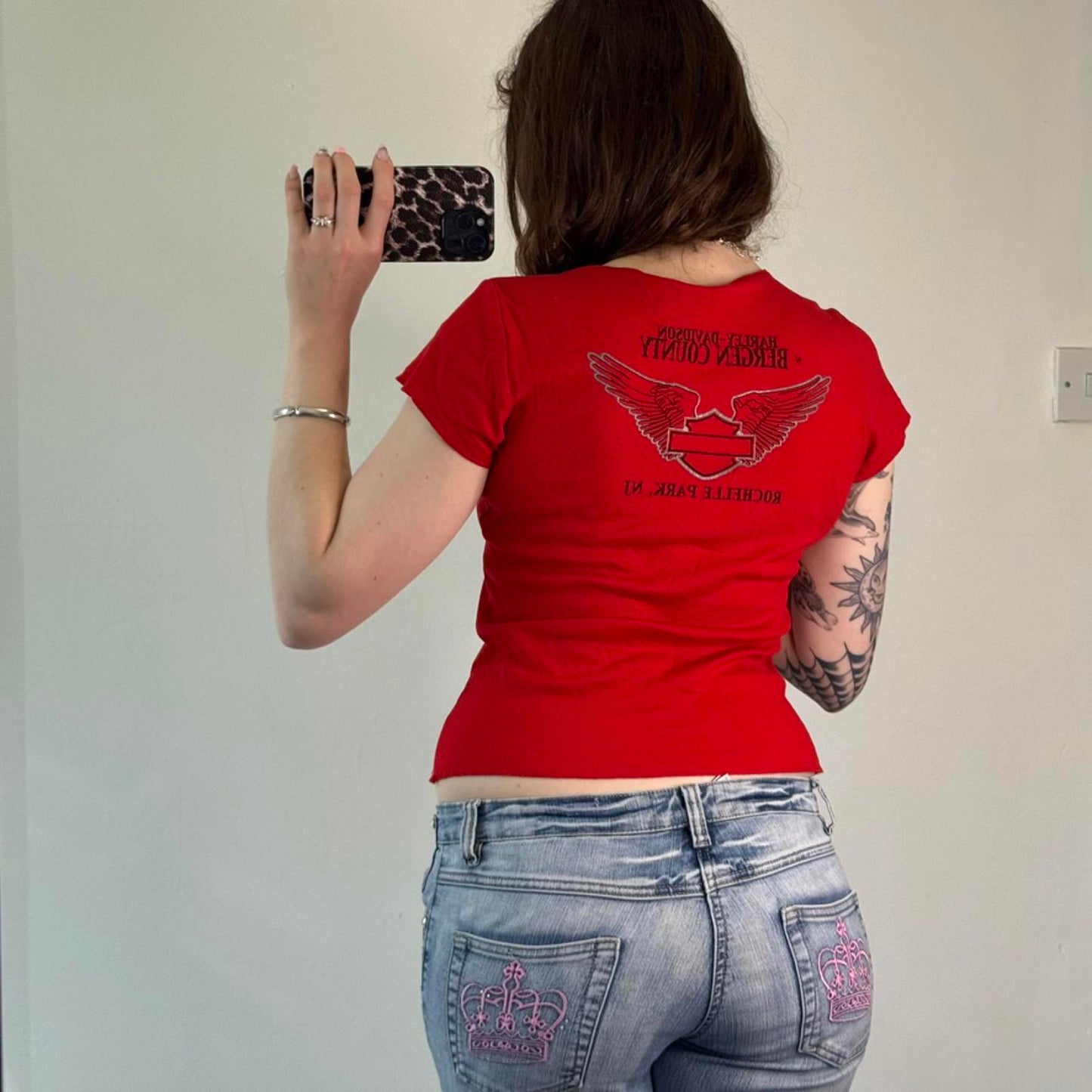 Y2K vintage Harley Davidson graphic print wings short sleeve t shirt top glitter