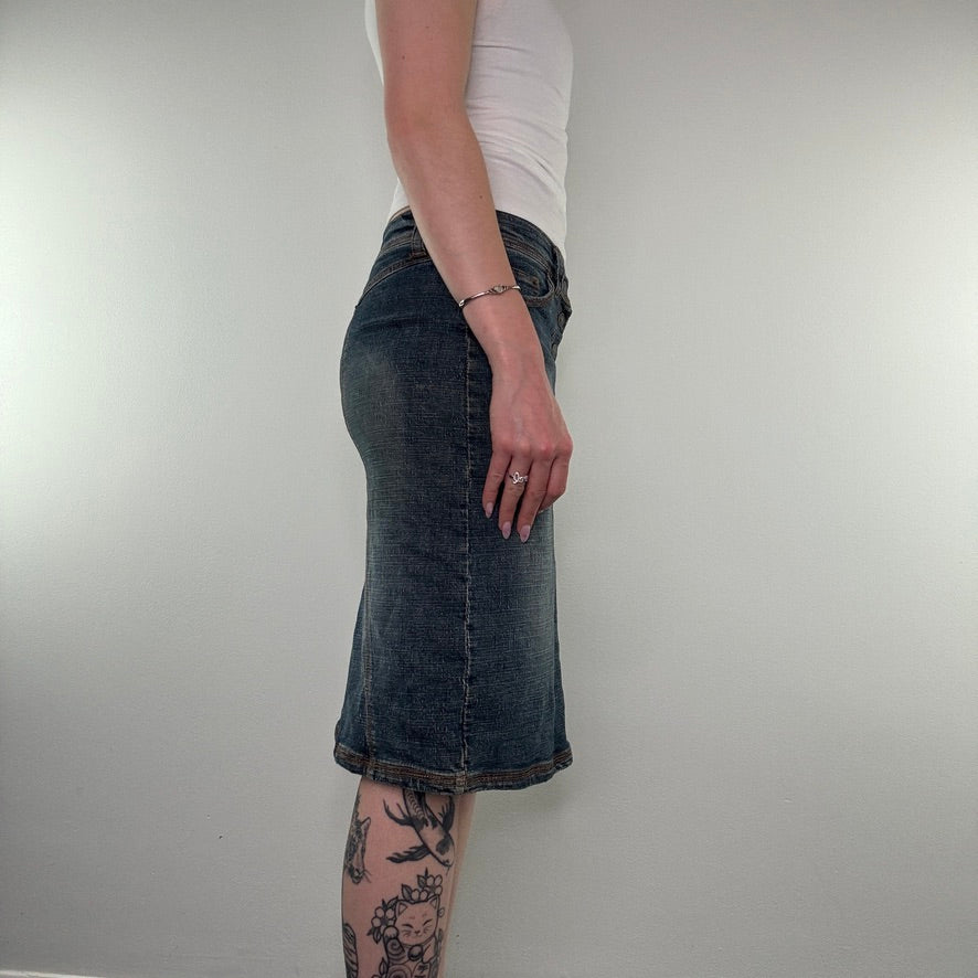 Y2K low rise faded denim midi skirt