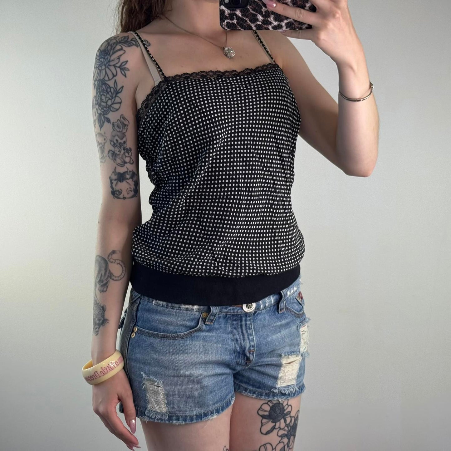 Y2K vintage 100% silk polka dot elastic waistband cami top lace trim black white