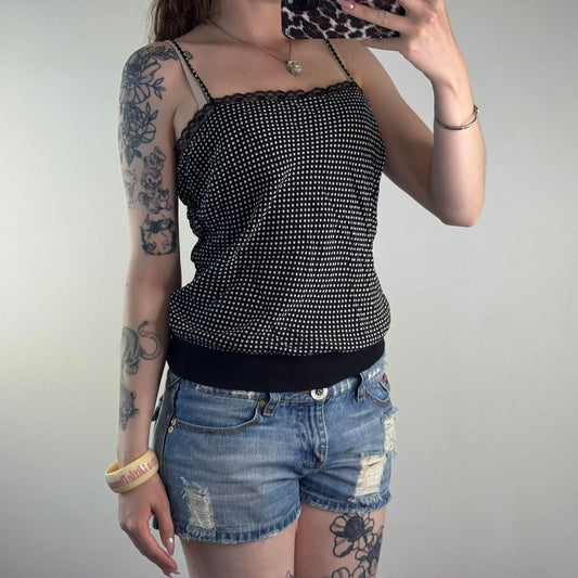 Y2K vintage 100% silk polka dot elastic waistband cami top lace trim black white