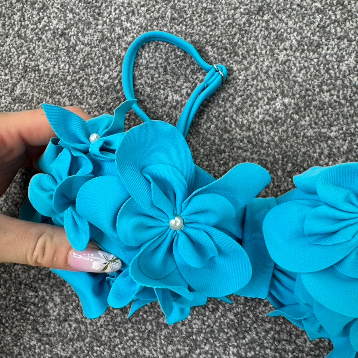 Y2K vintage bikini top 3D flowers underwire ruched strapless blue swimwear