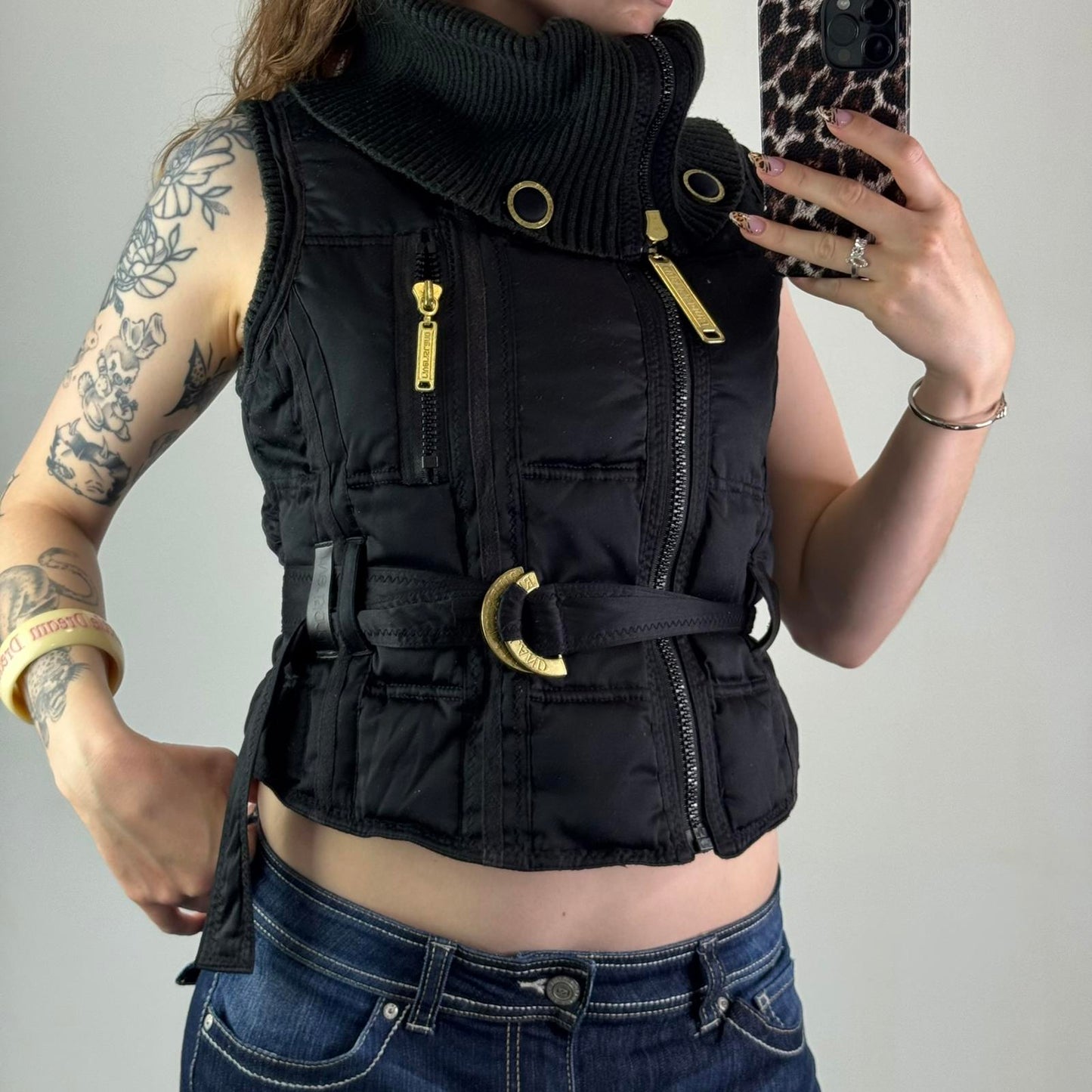 Y2K vintage sleeveless puffer gilet body warmer asymmetrical zipper roll knit