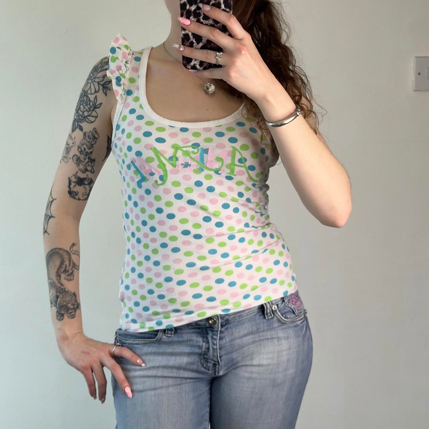 Y2K vintage Animal polka dot spotty frill tank top