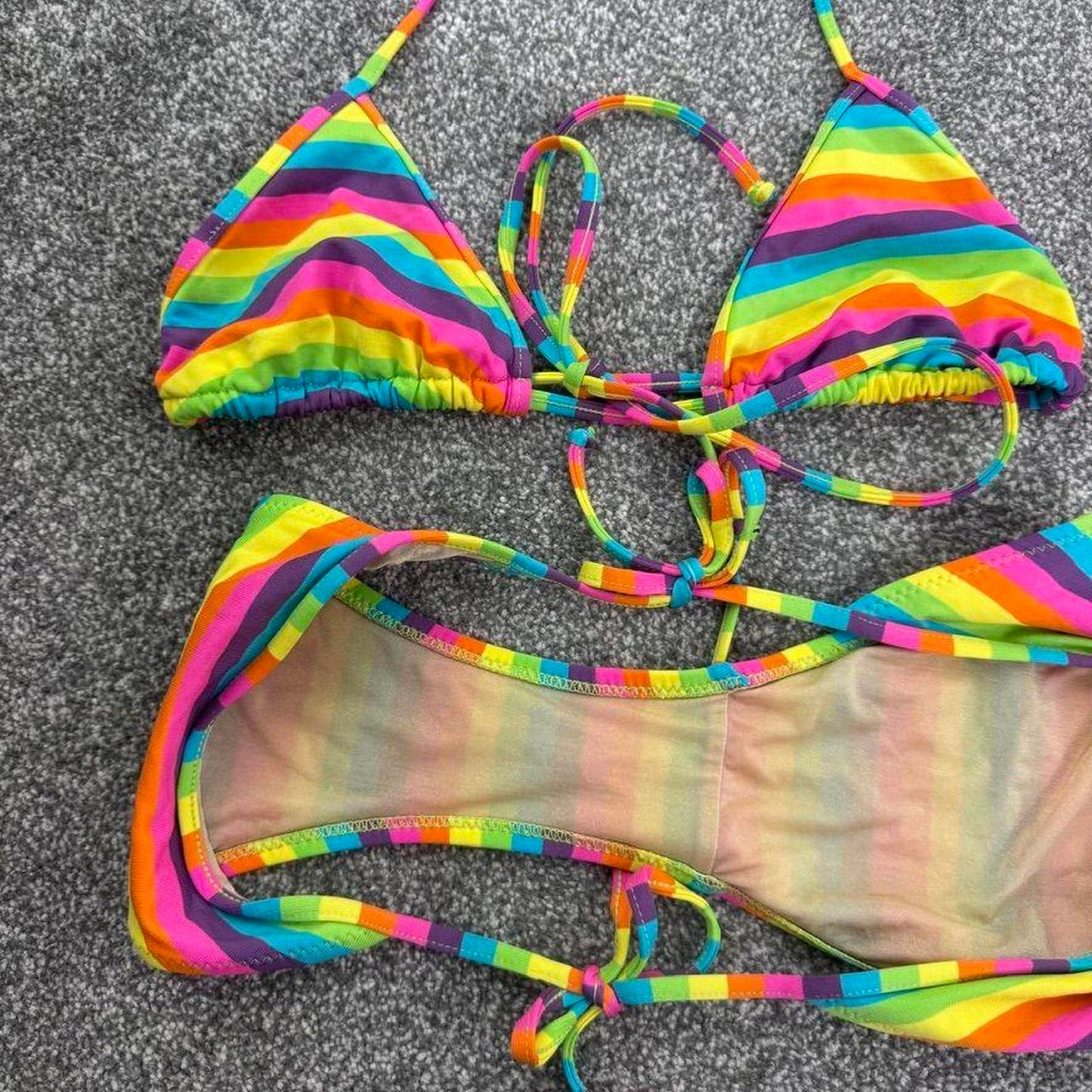 Rainbow stripe halter neck matching bikini set rainbow multi tie bow
