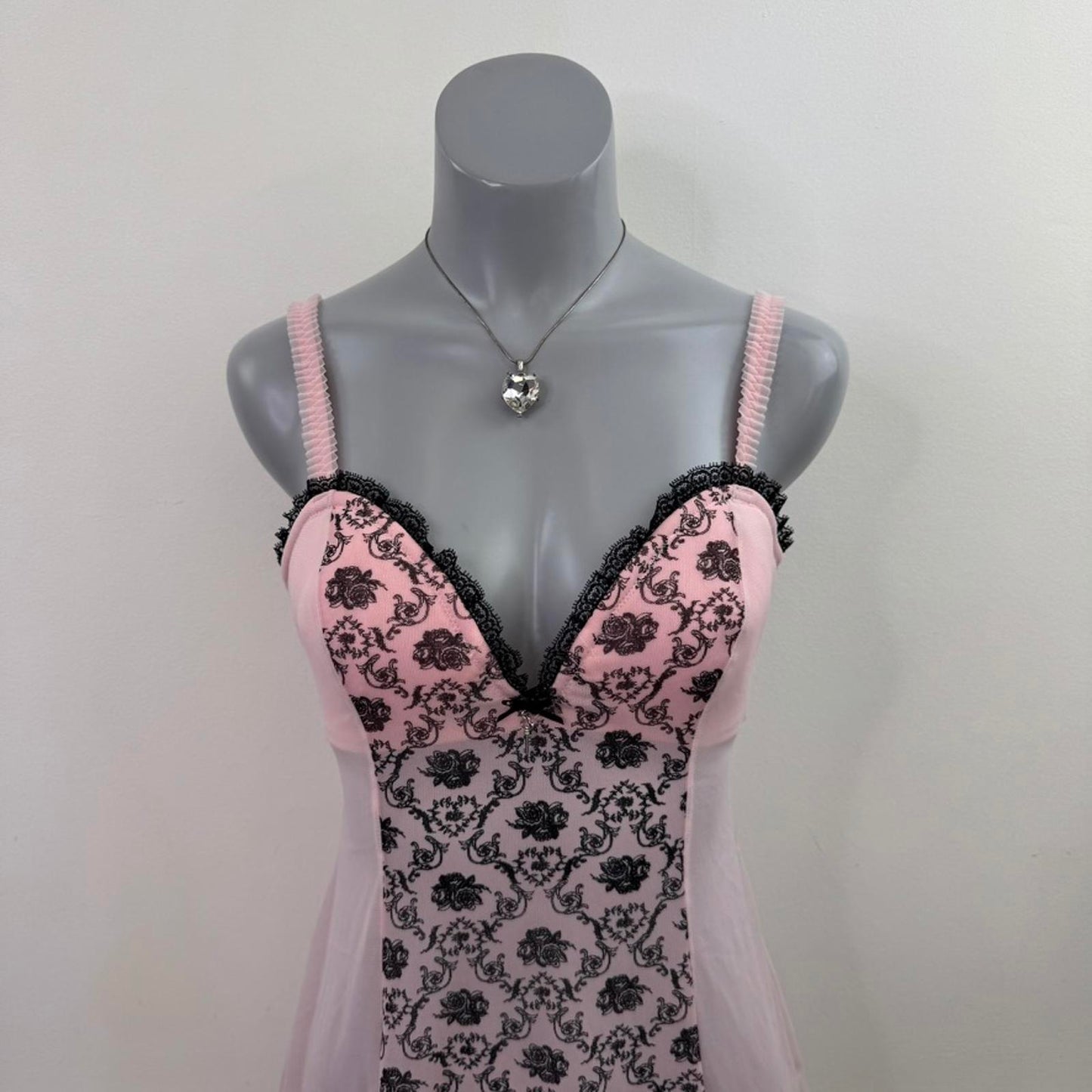 Y2K vintage Ann Summers mesh babydoll filigree baby pink black with suspenders