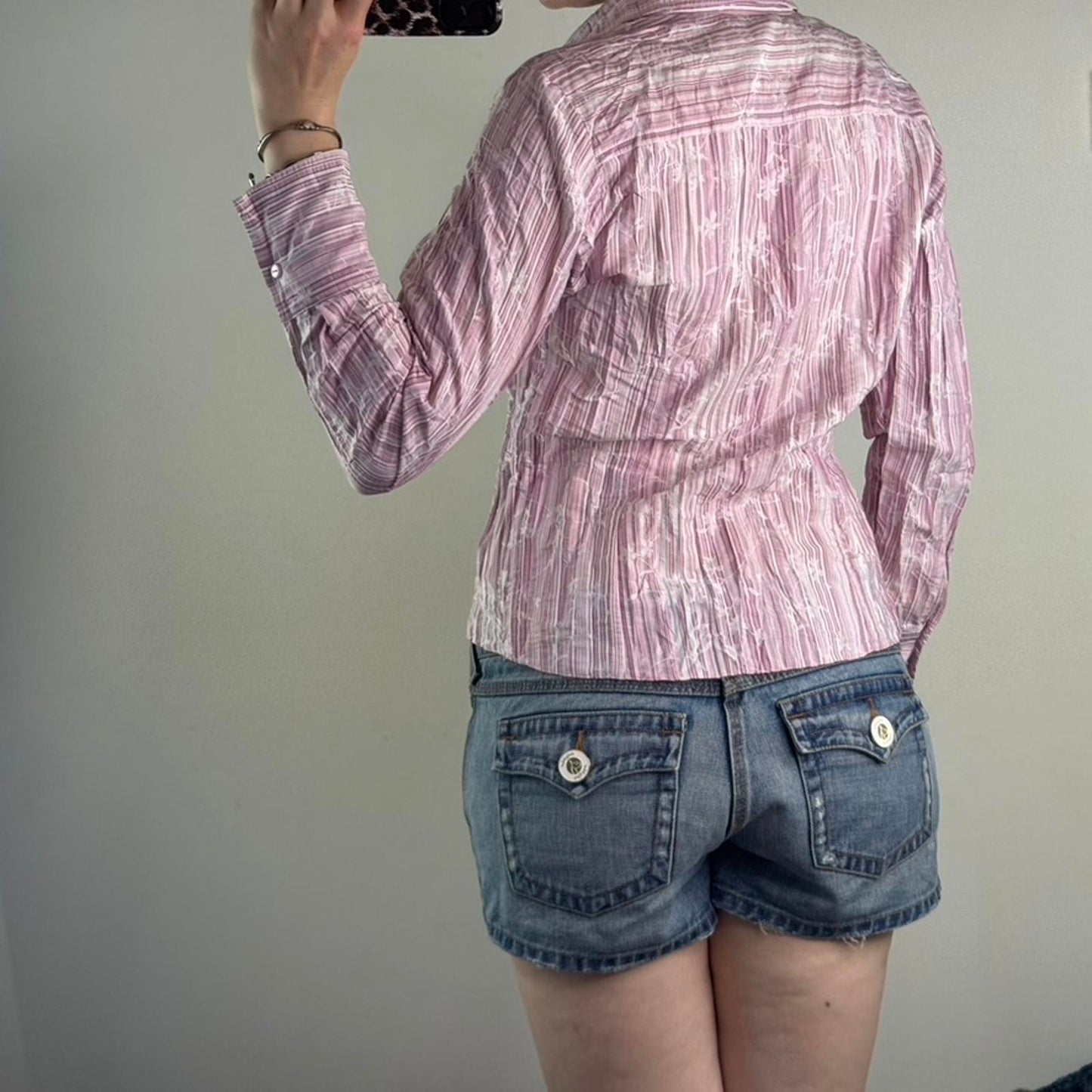 Y2K vintage pinstripe floral button up shirt long sleeve baby pink
