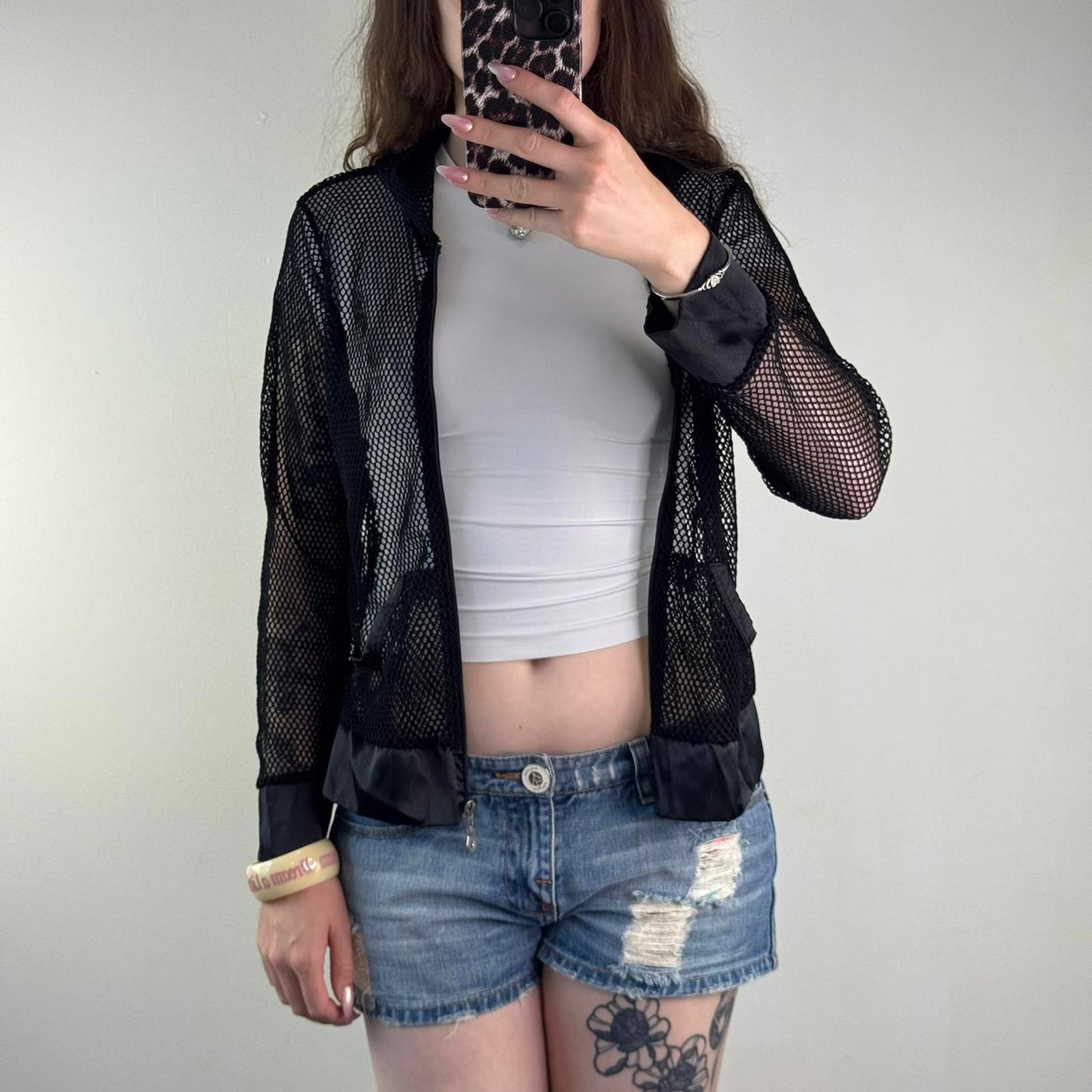 Y2K vintage fishnet mesh perforated zip up hoodie lightweight sheer see through