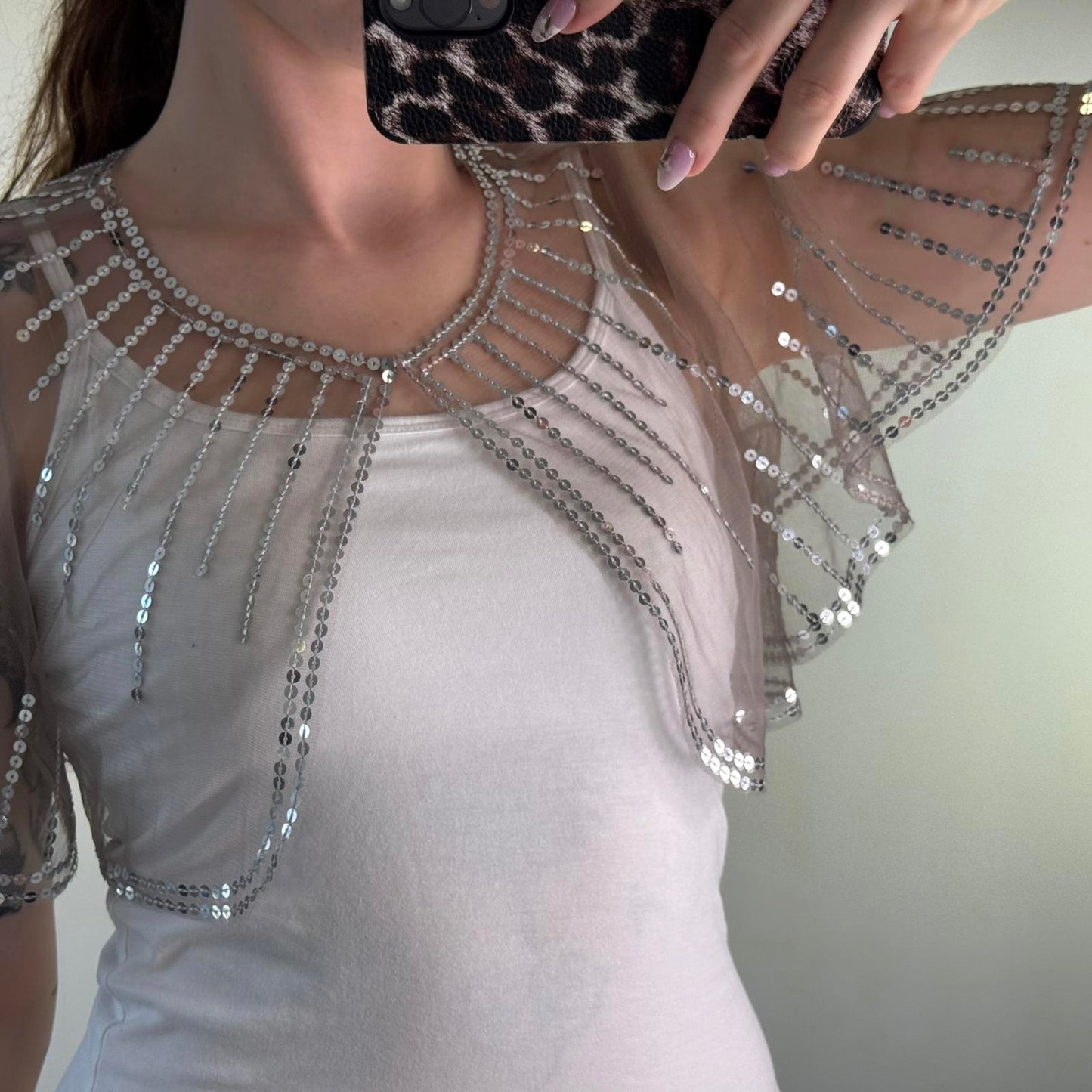 Y2K vintage cropped mesh shawl cape sequin embellished sheer boho festival chic