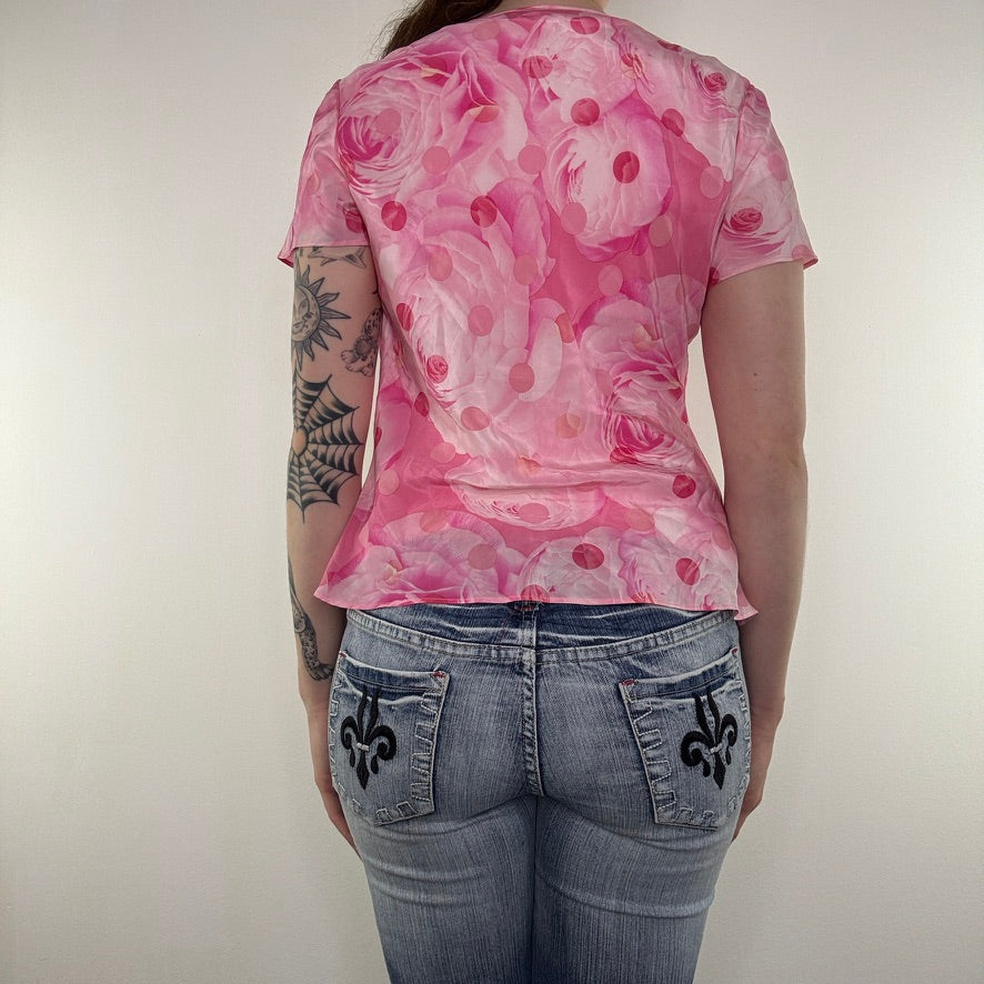 Y2K vintage silk top spotty floral rose open front scoop front cover up floaty