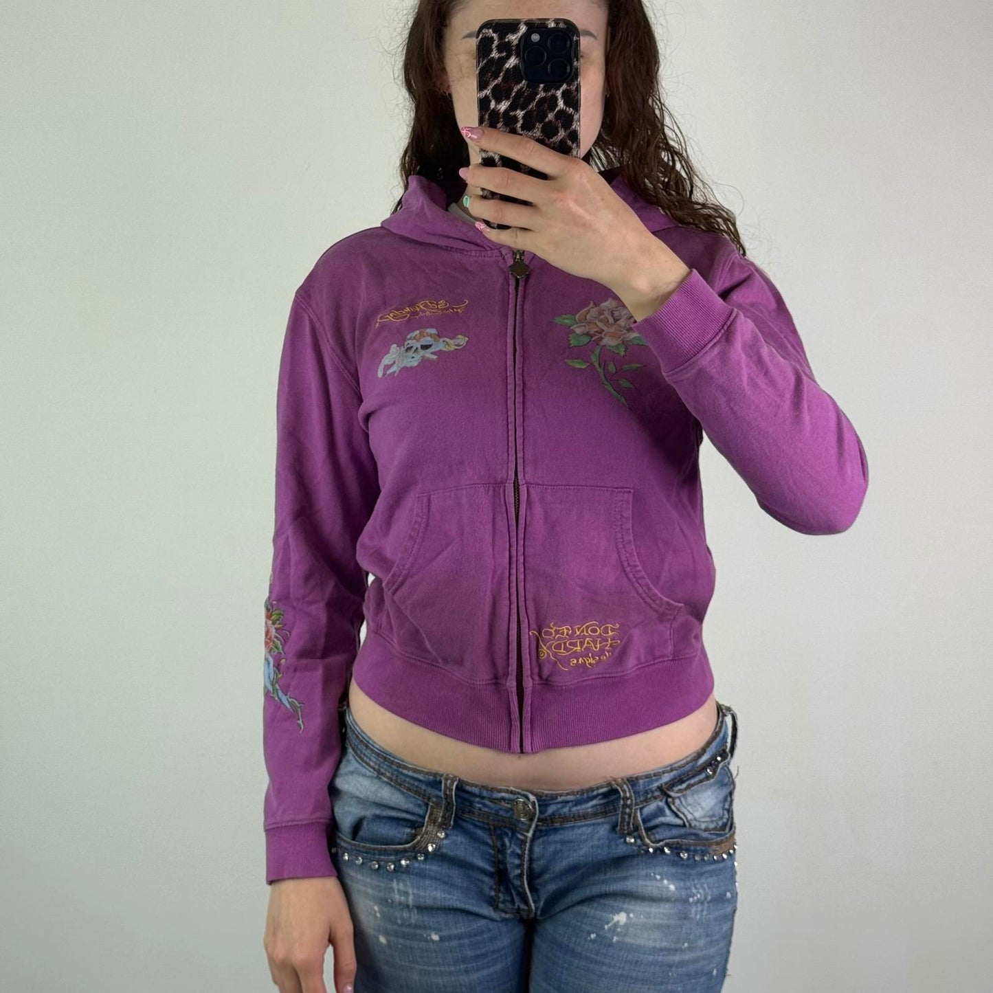 Y2K vintage Ed Hardy zip up hoodie slight cropped fit tattoo graphic print