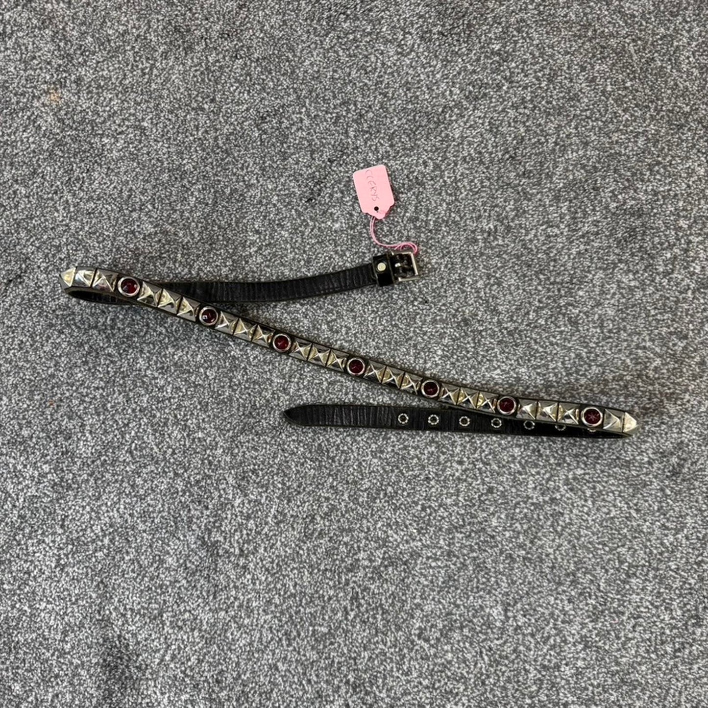 90s Y2K vintage genuine leather studded red gem rhinestone thin skinny belt