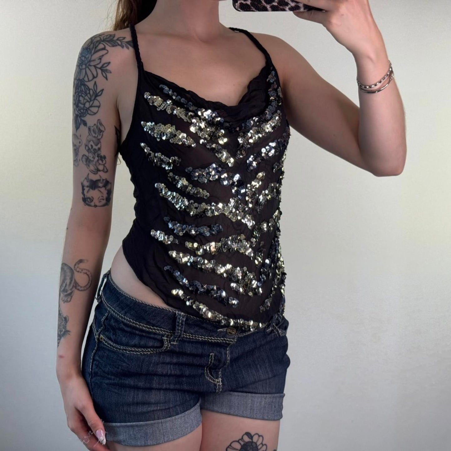 Y2K vintage Karen Millen sheer sequin tiger top racerback cowl neck party ruched