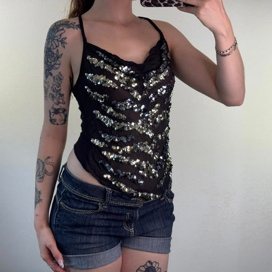 Y2K vintage Karen Millen sheer sequin tiger top racerback cowl neck party ruched