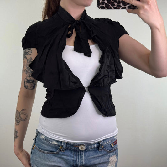 River Island open front short sleeve blouse keyhole hook and eye cropped bow