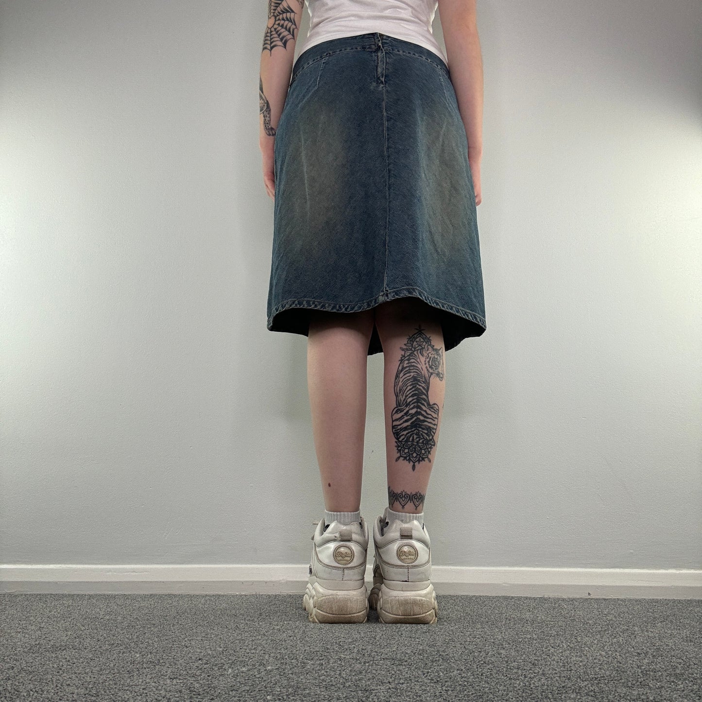 Y2K faded denim embroidery boho midi skirt