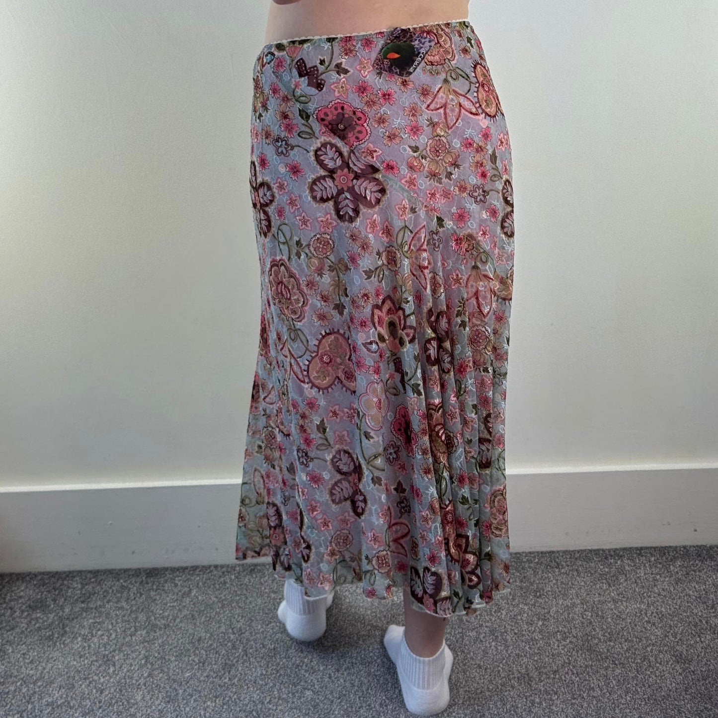 Y2K vintage floral mesh overlay maxi skirt a line lace pink blue beige stretchy