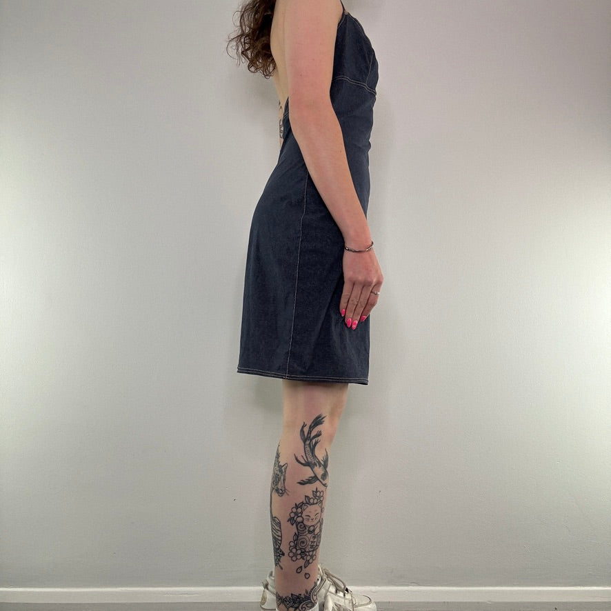 Y2K stretchy denim style halter neck midi dress