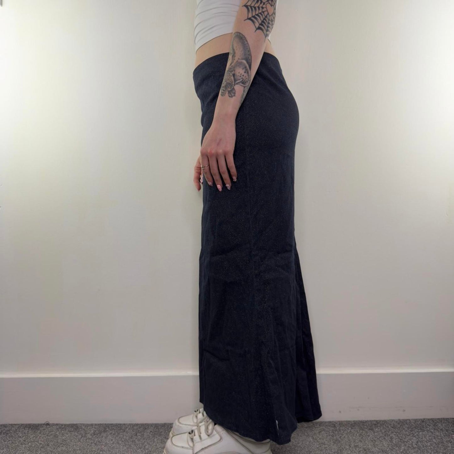 Y2K vintage sparkly denim fishtail fitted stretchy maxi skirt flattering