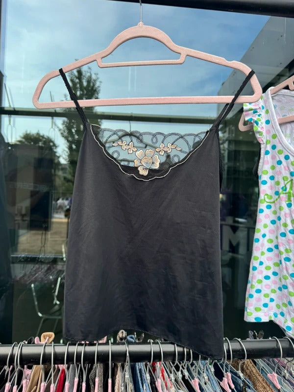 Y2K vintage slinky cami top mesh floral embroidered