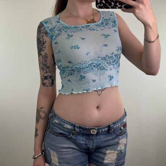Y2K vintage mesh floral crop top lettuce hem sheer round neck ditsy flowers