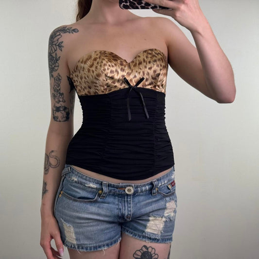 Y2K vintage strapless ruched mesh corset top leopard print satin bow boning