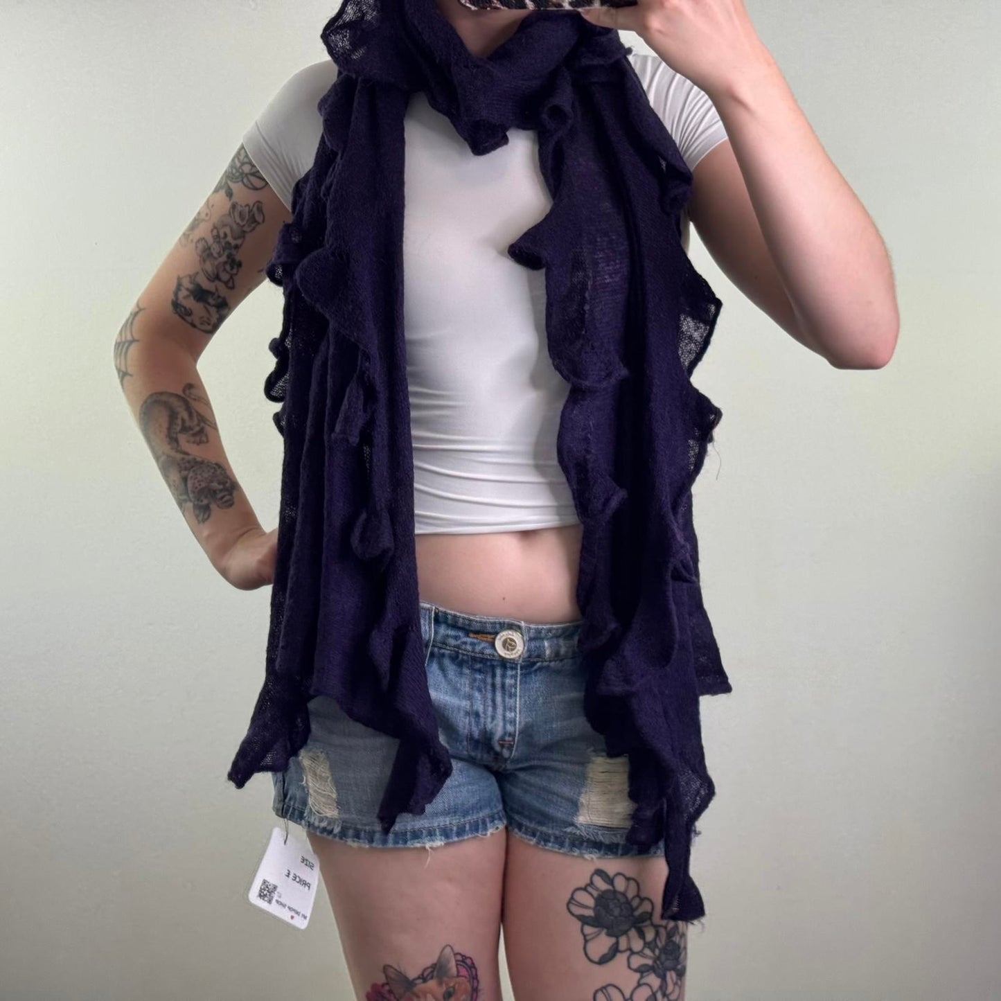 Y2K vintage ruffle long scarf dark purple frill wool blend