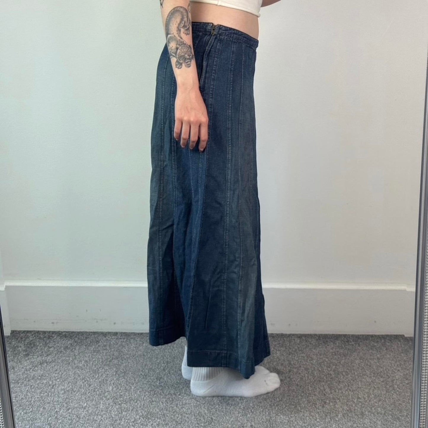 Y2K vintage faded denim maxi skirt a line blue wash vertical stitching