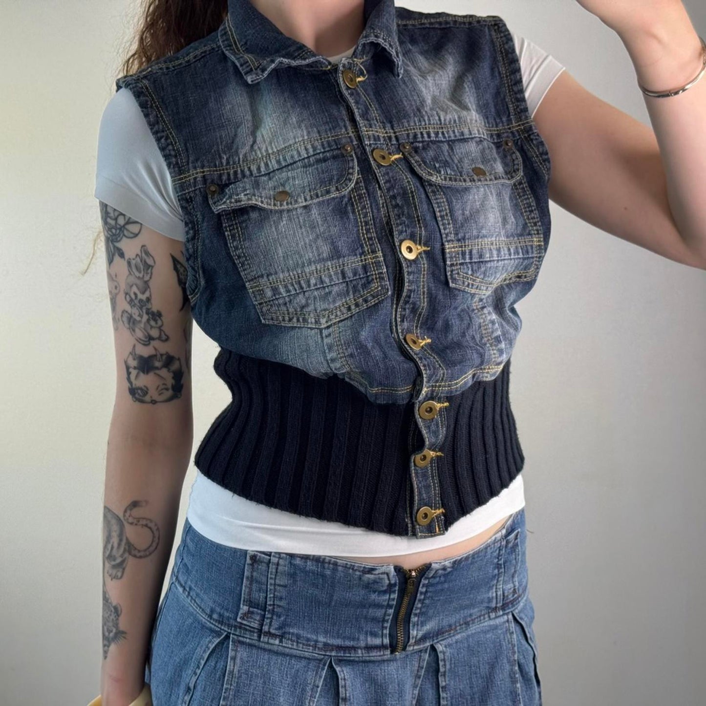 Y2K vintage faded denim sleeveless jacket knit waistband cropped short length