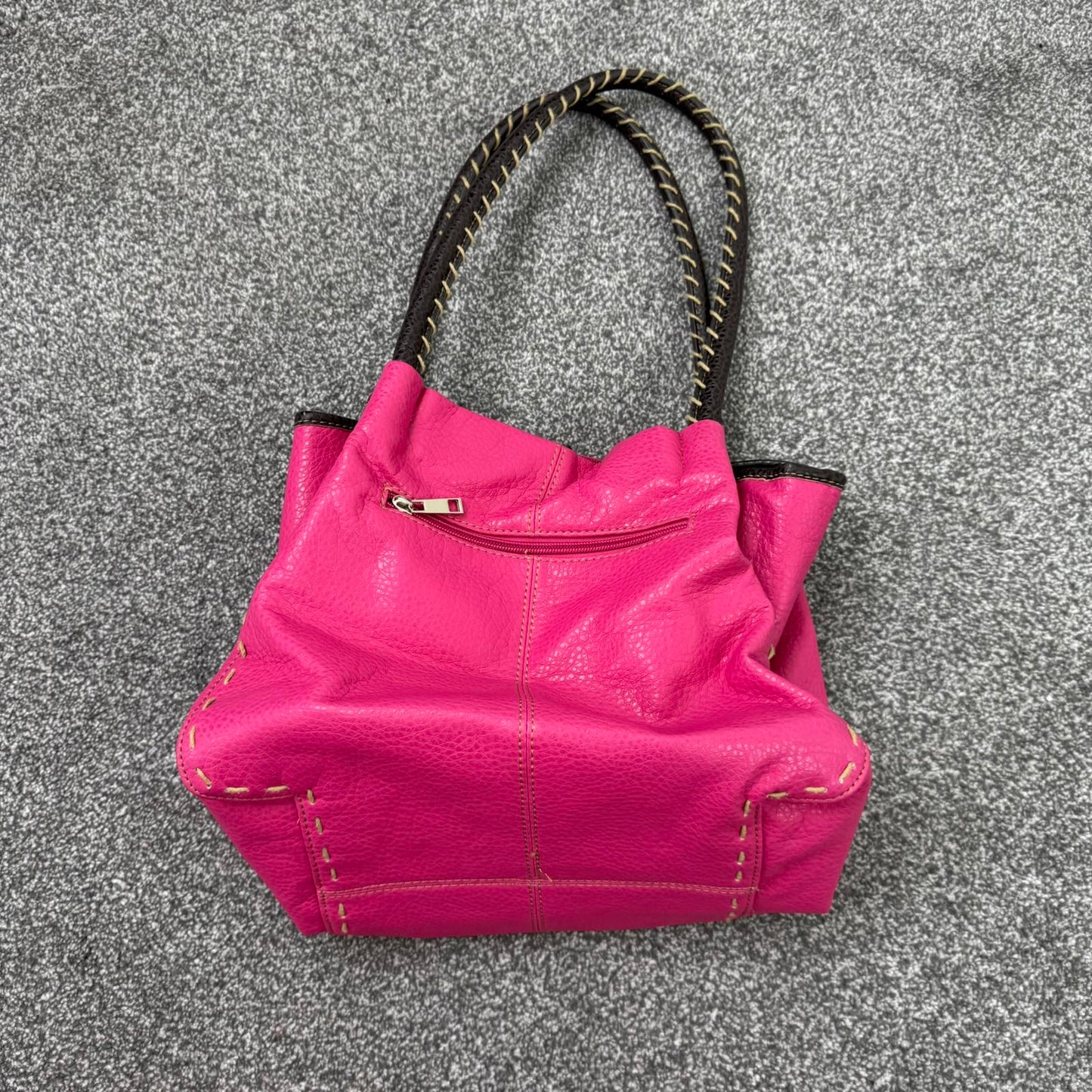 Faux leather shoulder bag big button contrast stitch hot pink brown