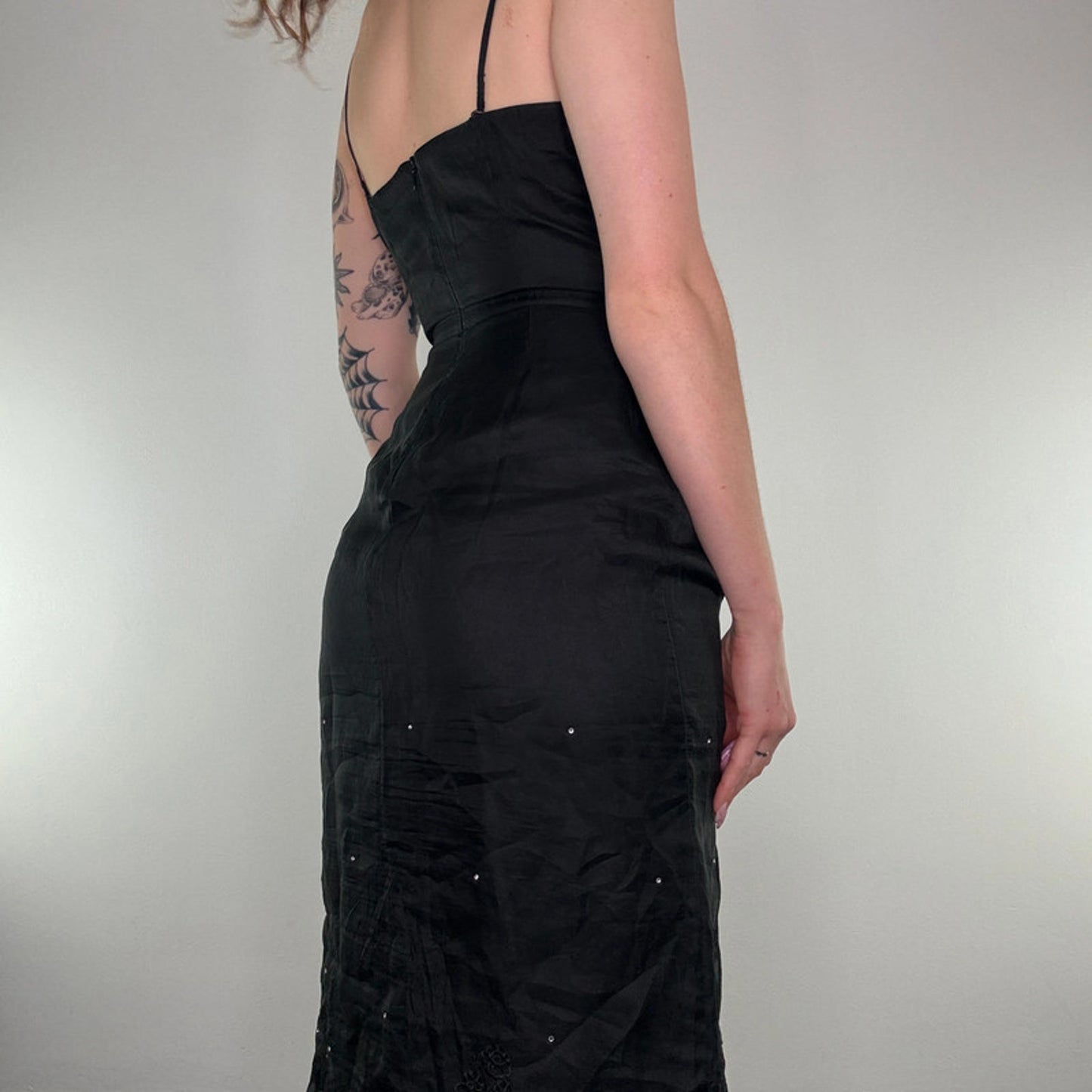 Y2K vintage 100% silk midi dress a line rhinestone floral embroidery bow