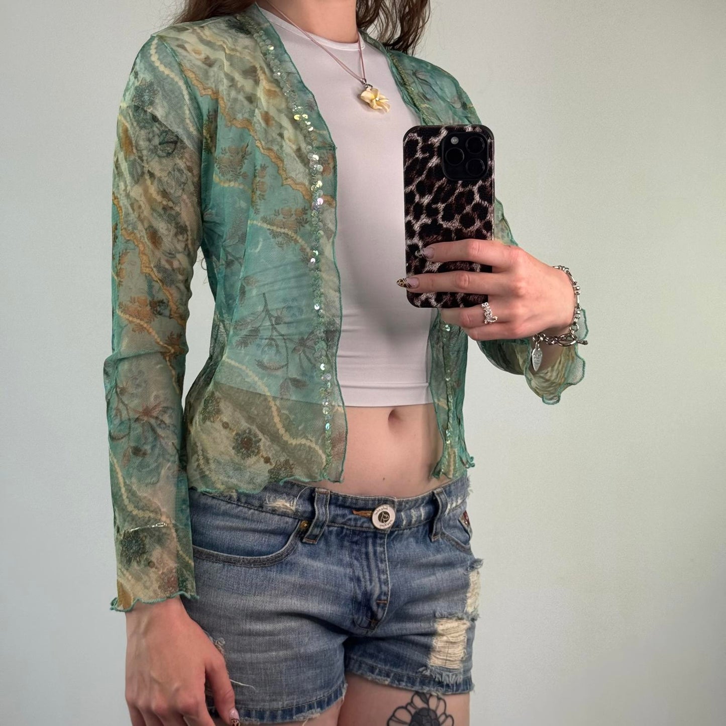 Y2K vintage mesh floral print open front cardigan long sleeve sequin