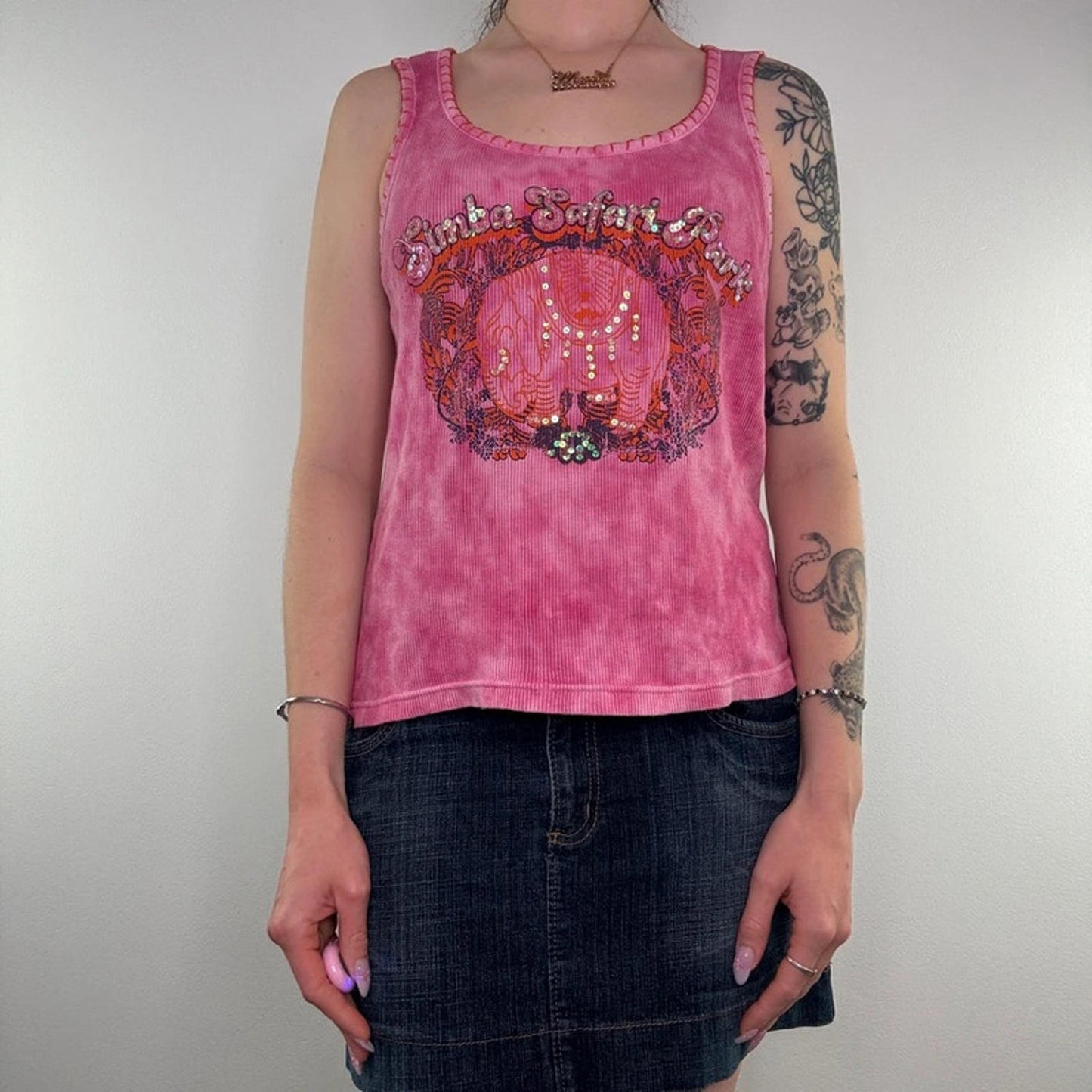Y2K vintage sequin elephant tank top graphic print pink tie dye