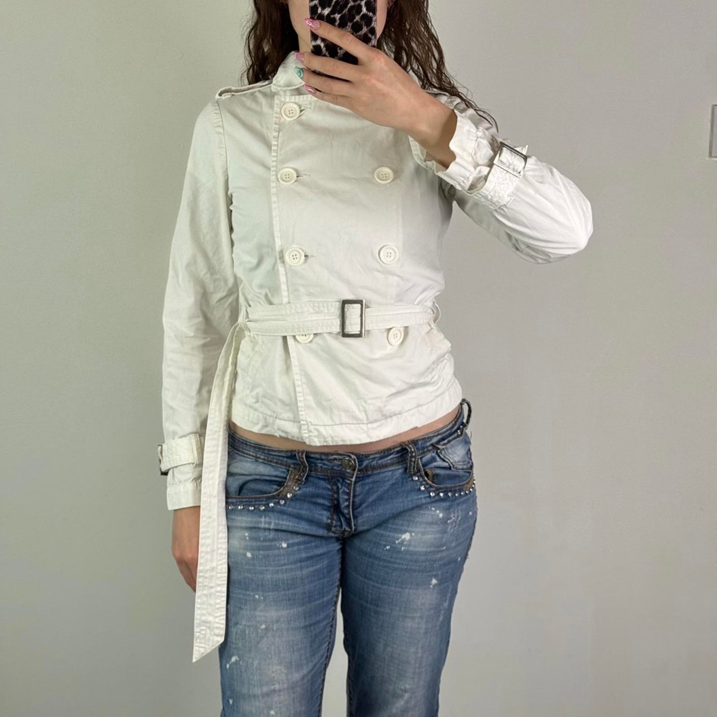 Y2K vintage lightweight button up jacket with belt short trench fitted high neck