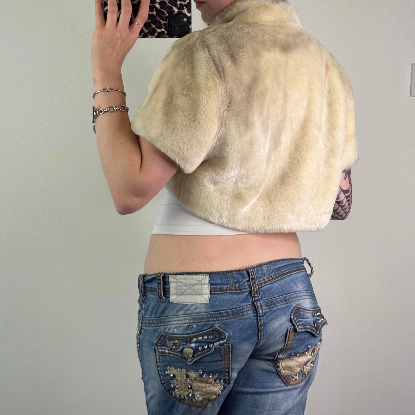 Y2K vintage faux fur open front cropped jacket short sleeve