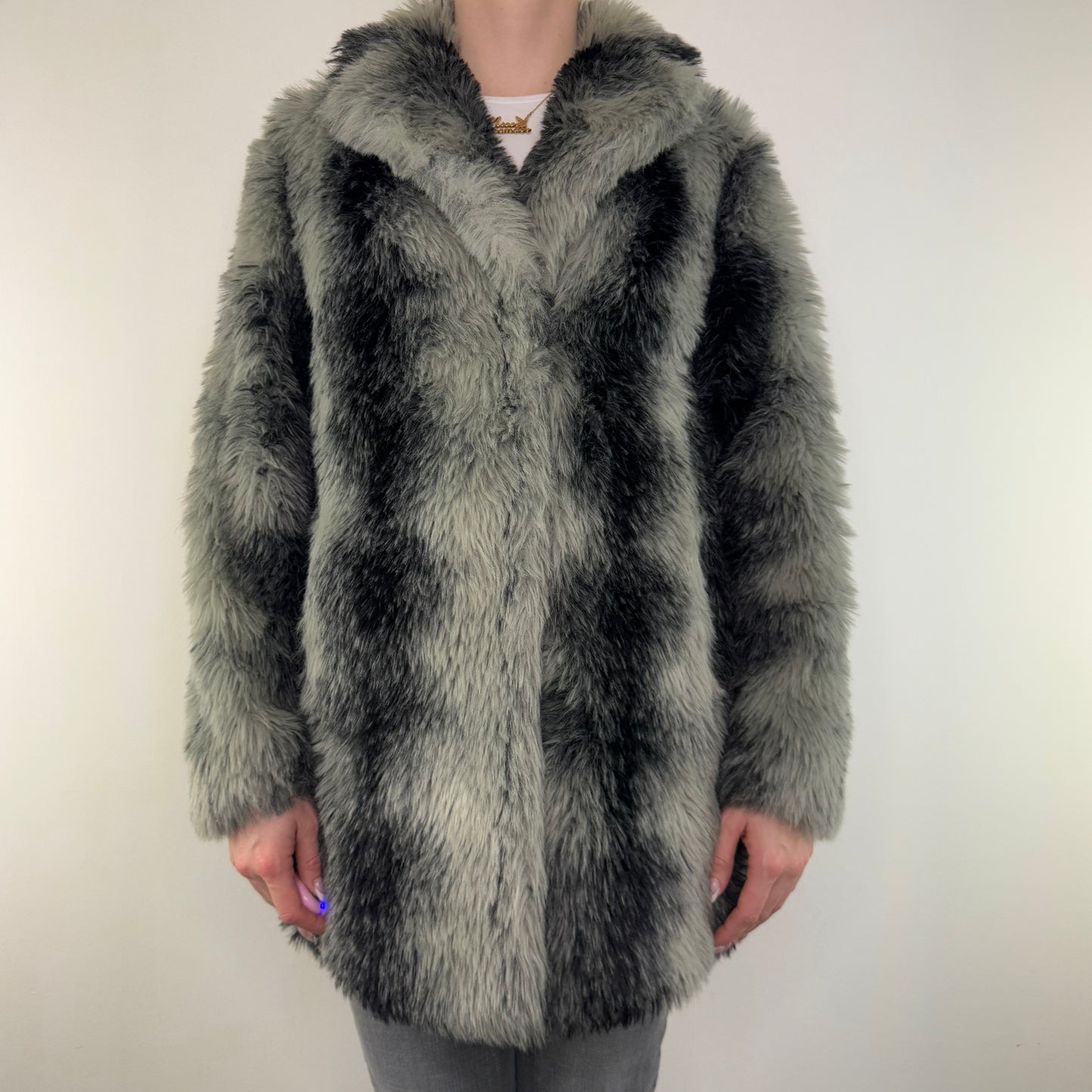 Y2K vintage faux fur long coat grey black stripe mid length collared pockets