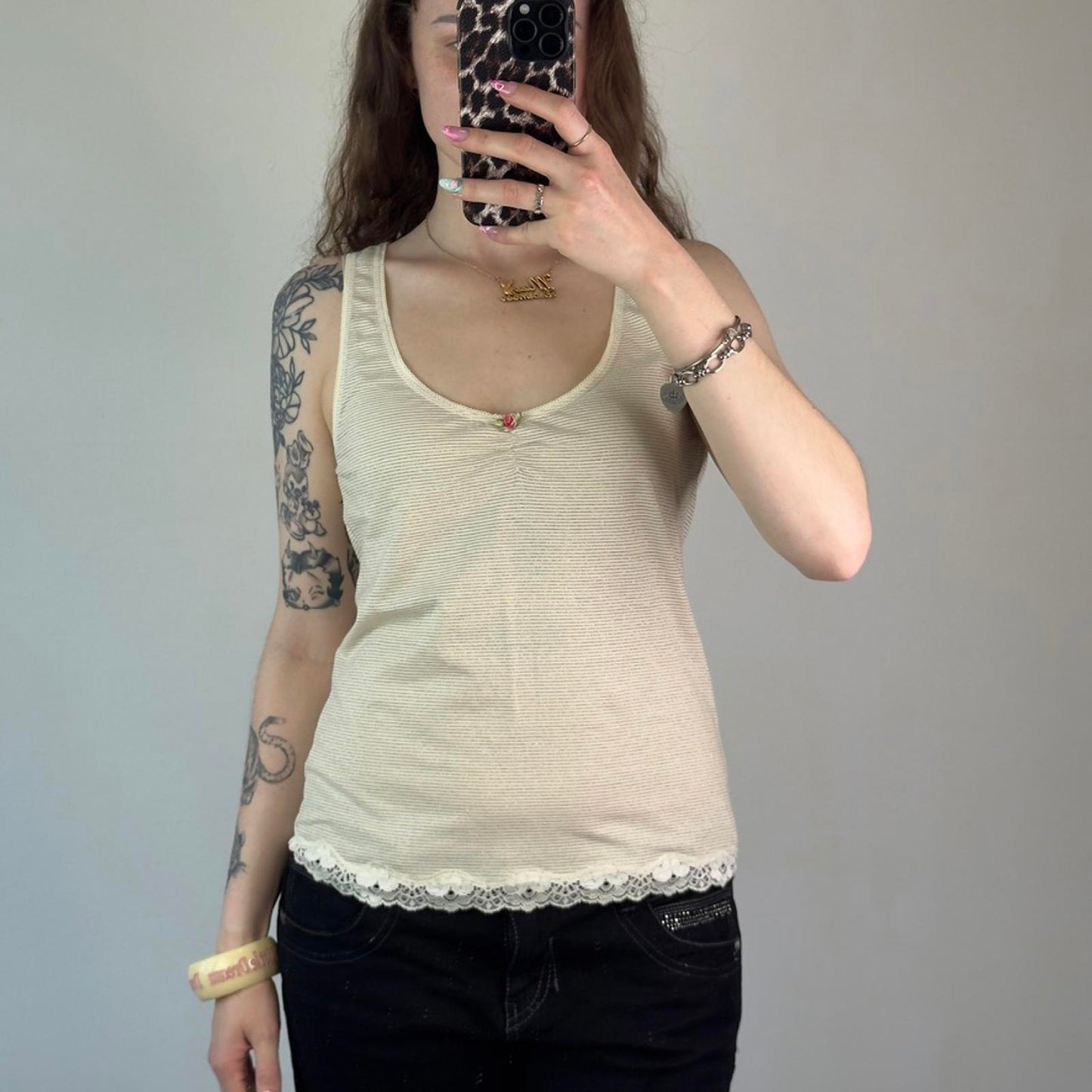 Y2K vintage stripe glitter v neck tank top lace trim 3D rose cream gold stretchy