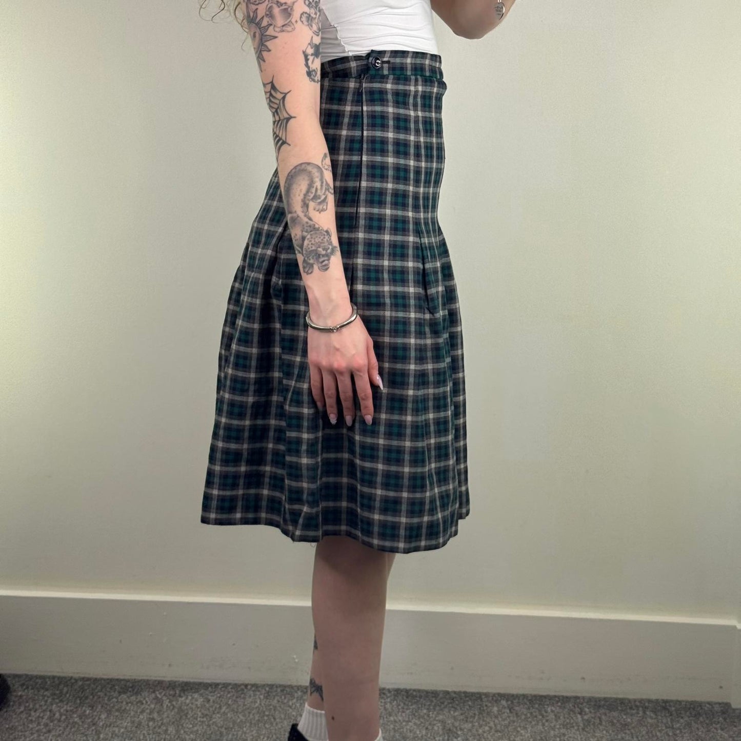 Y2K vintage 100% wool check tartan midi skirt a line lined blue green white