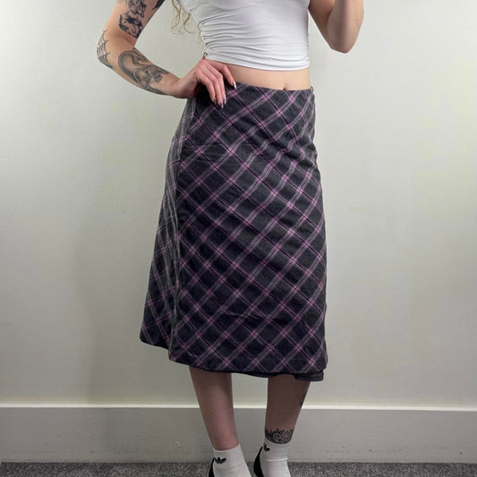 Y2K vintage wool blend tartan midi skirt a line purple grey preppy