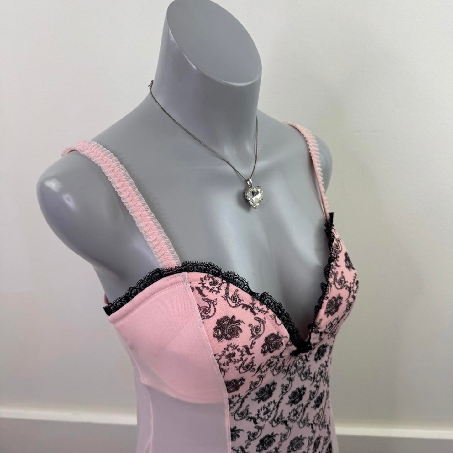 Y2K vintage Ann Summers mesh babydoll filigree baby pink black with suspenders
