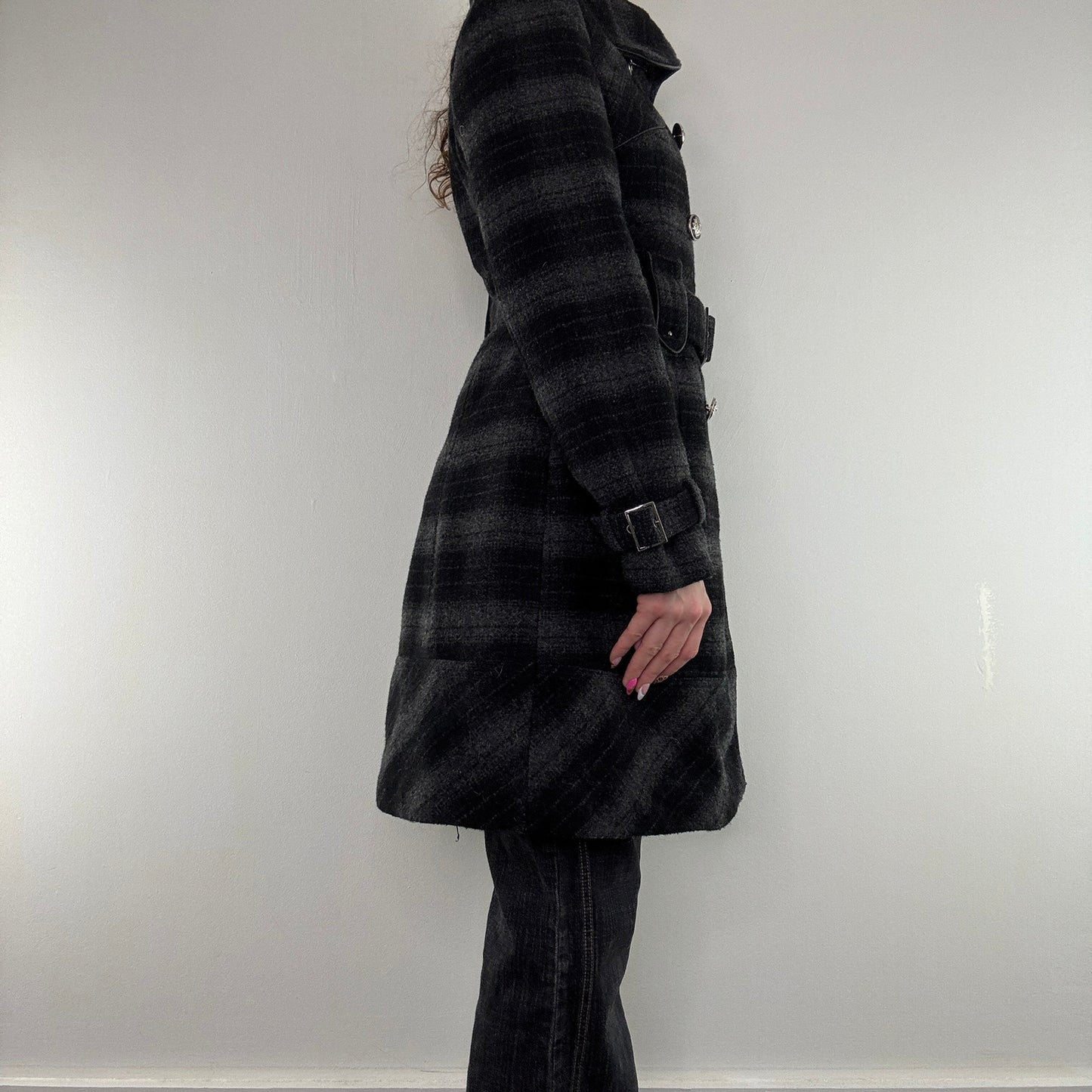 Y2K vintage Miss Sixty belted wool tartan long trench duffle coat