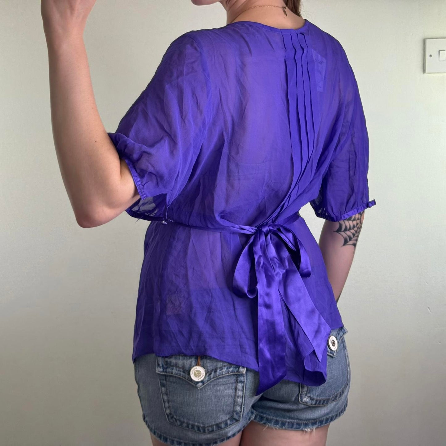 Y2K vintage silk flowy sheer blouse short sleeve v neck floral beaded tie bow