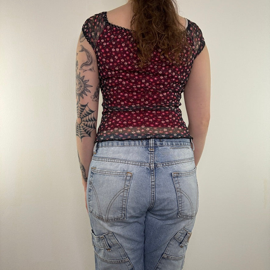 Y2K vintage milkmaid top mesh ditsy floral cap sleeve fitted