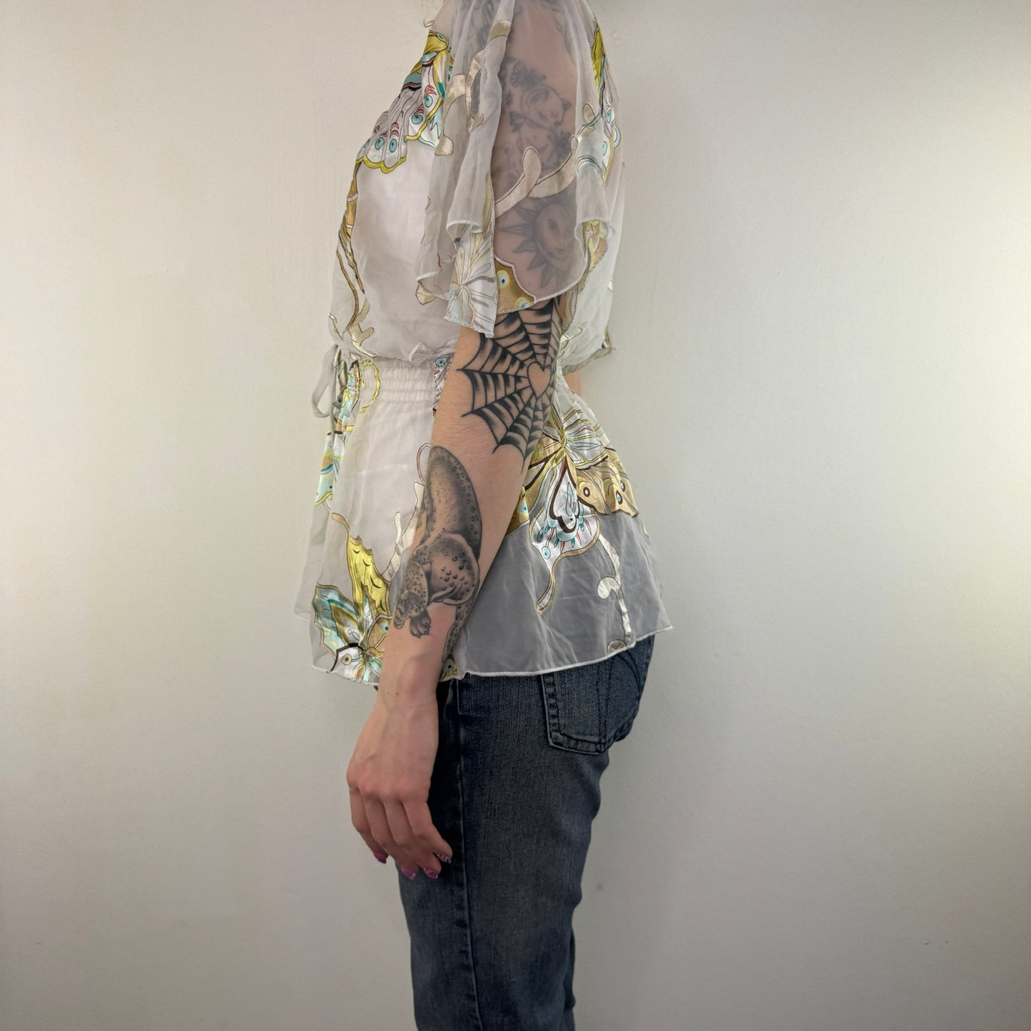 Y2K vintage silk butterfly sheer floaty top blouse