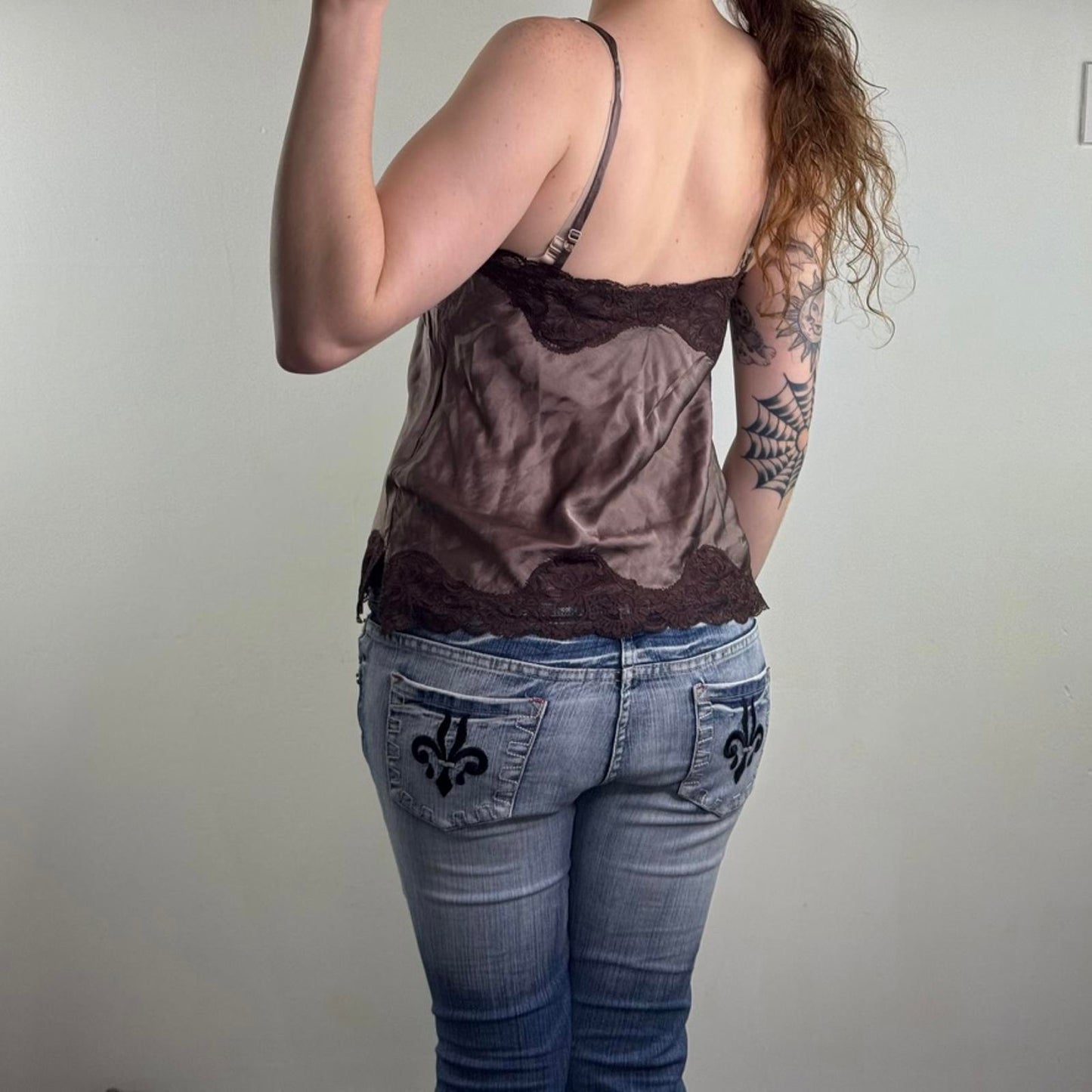 Y2K vintage 100% pure silk lace trim cami top strappy brown
