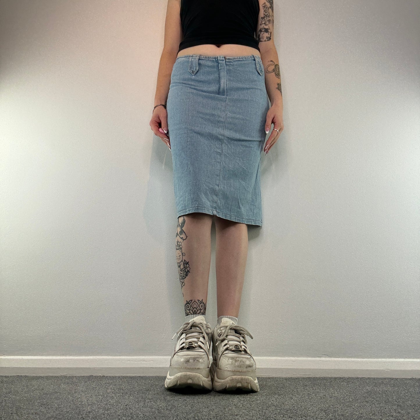 Y2K denim cargo midi skirt