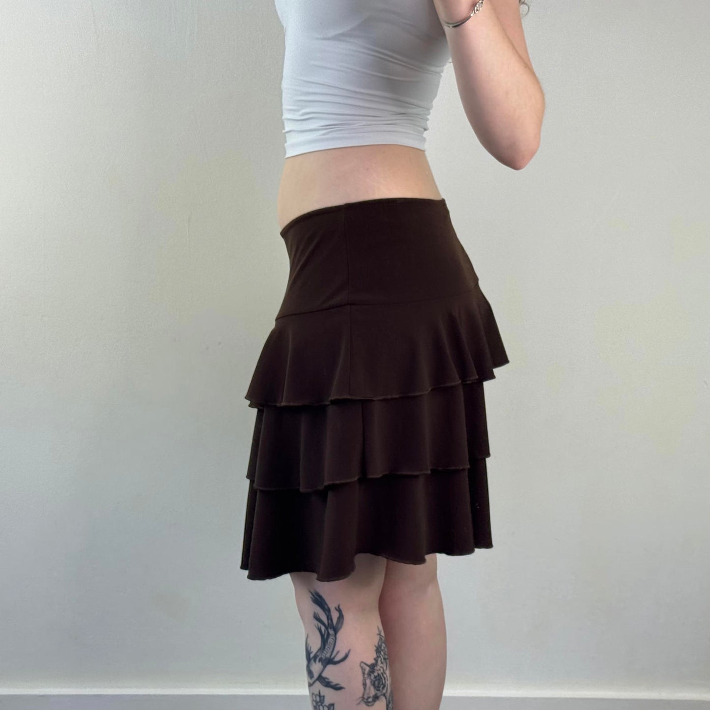 Y2K vintage tiered midi skirt stretchy knee length brown a line