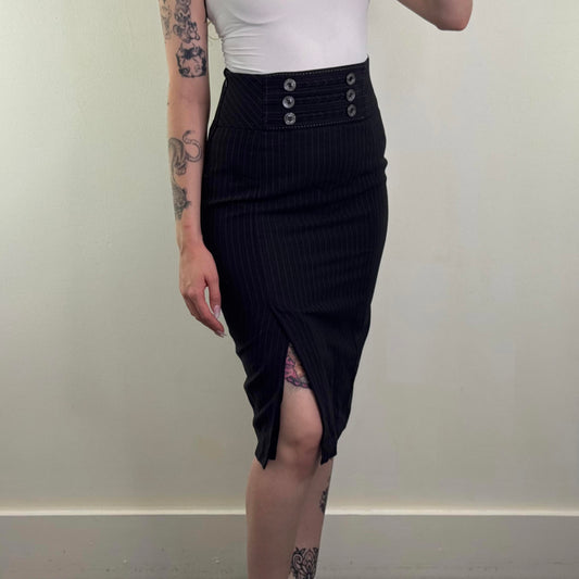 Y2K vintage Karen Millen wool cashmere pinstripe midi skirt buttons tailored